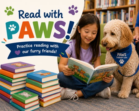 Practice Reading with PAWS Therapy Dogs