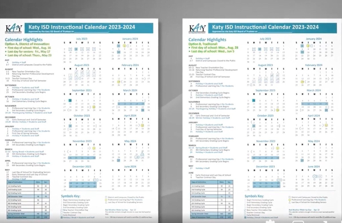 Katy ISD 2023-2024 Instructional Calendar options